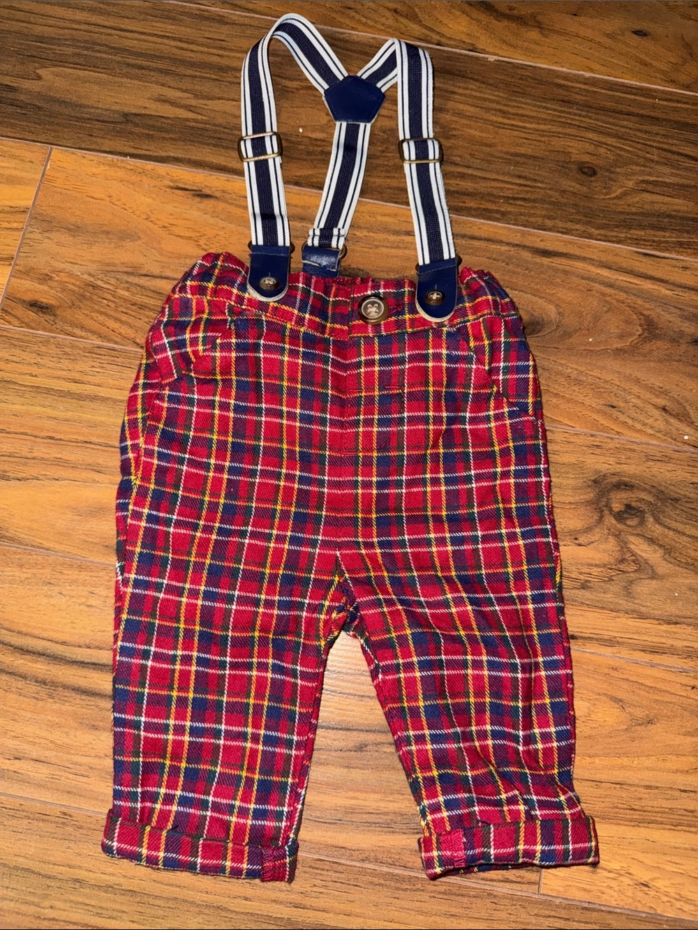 0/3m rock a bye bye Plaid Red boys Pants with Navy Suspenders